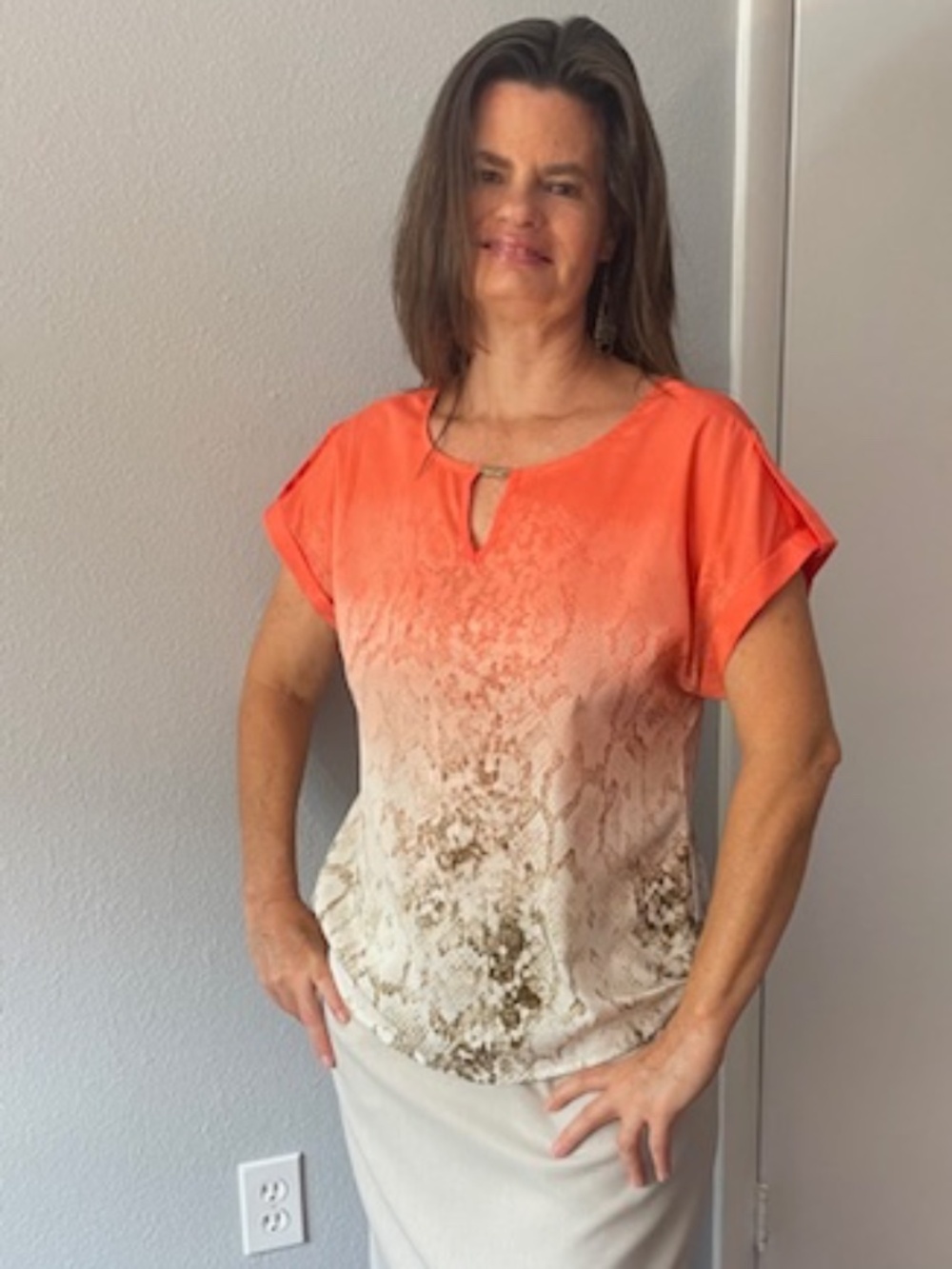 Calvin Klein Coral Ombre Snake Print Blouse Roll Tab Sleeve M